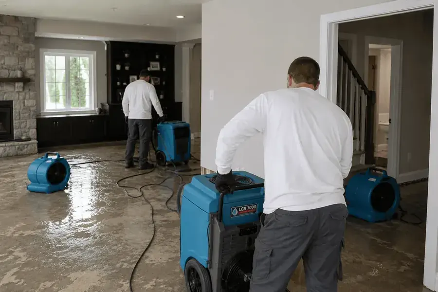 Air movers and a dehumidifier drying a water damaged Alexandria basement