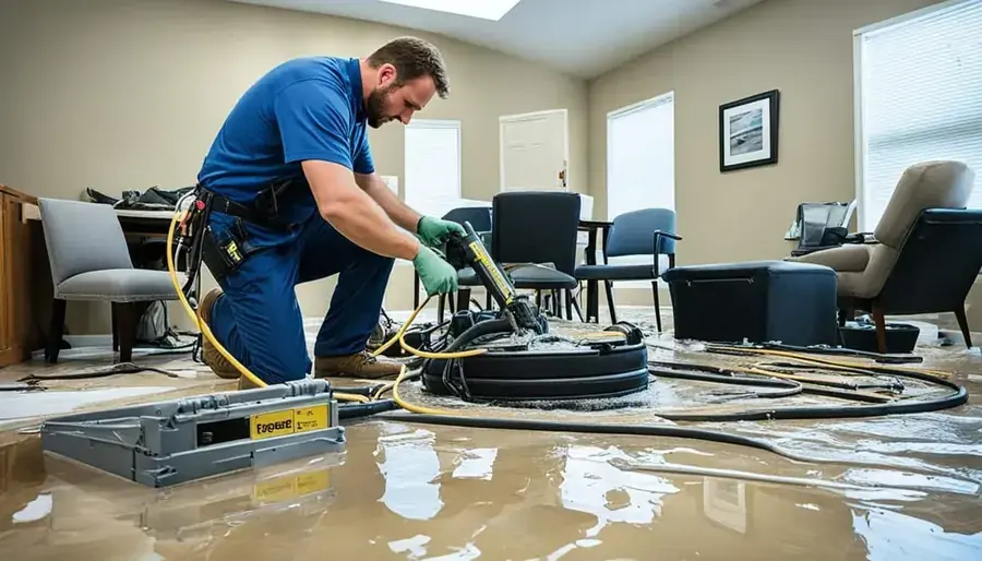 Crew extracting storm flood water from a flooded Alexandria, VA home